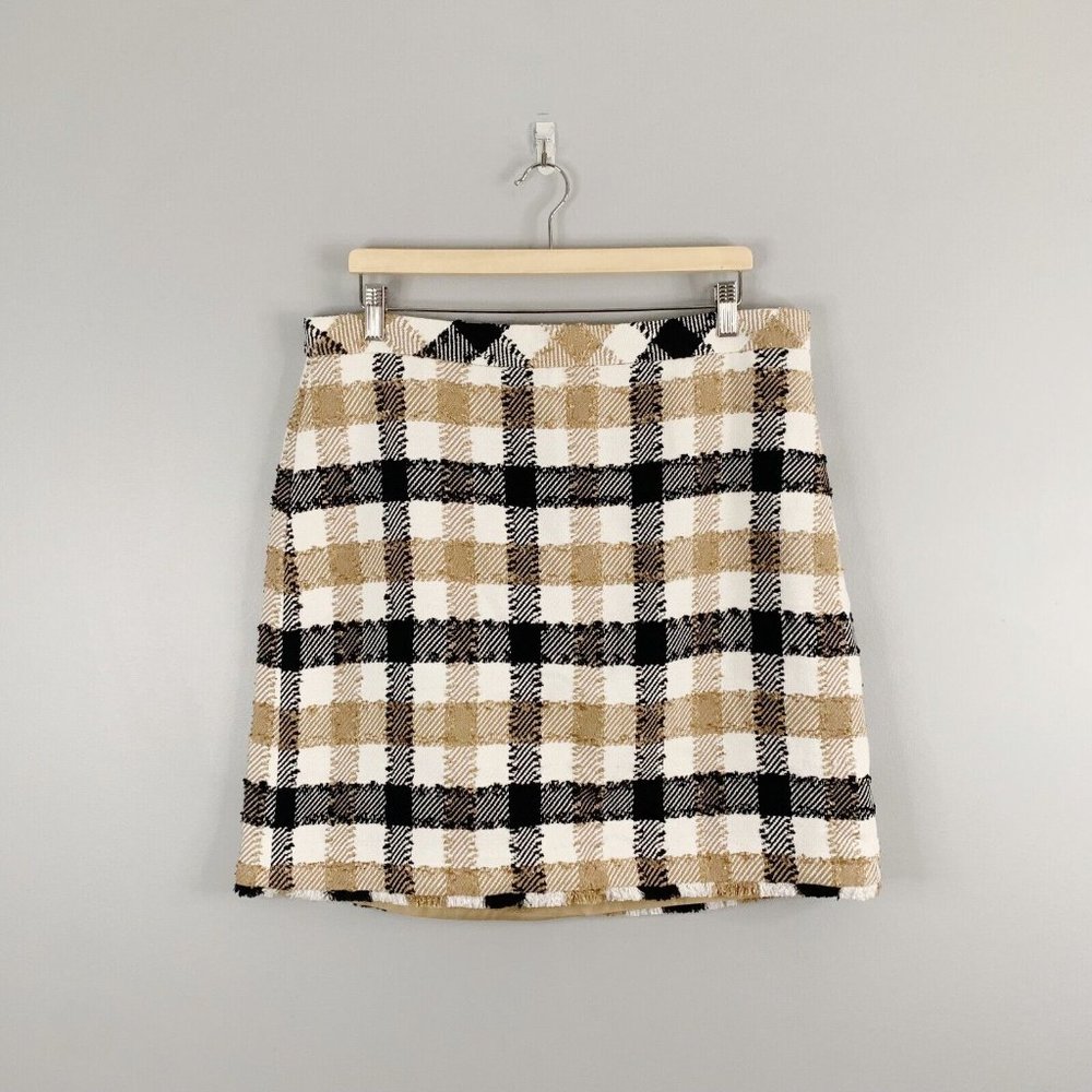 Ann Taylor Women's Checked Fringe A Line Skirt Academia NWT Mini Tan Black 14